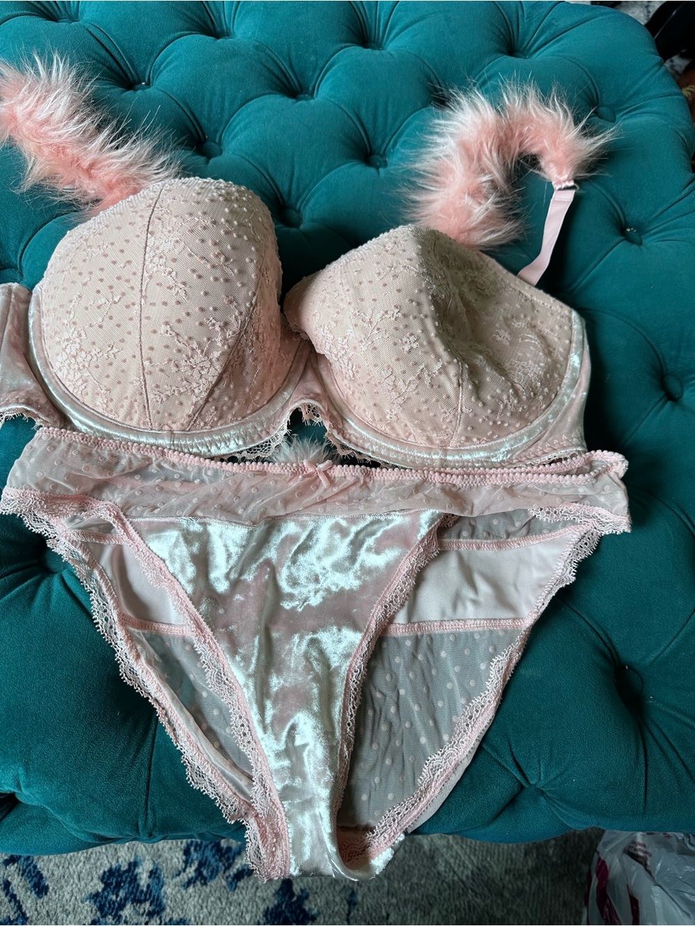 Victoria's Secret Blush Pink Lace & Velvet Bra and Panty Set